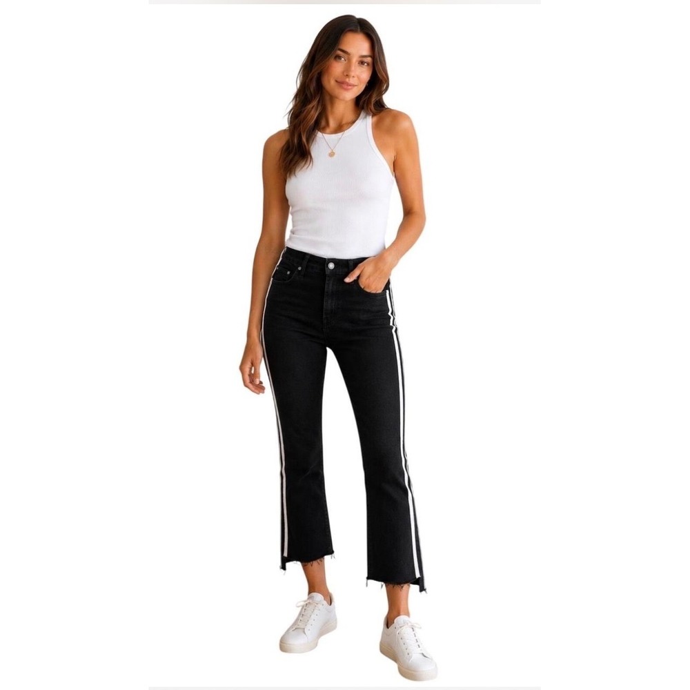 Mother Denim Black High Rise Crop Step Frey Side Stripe Raw Hem Jeans Size 27